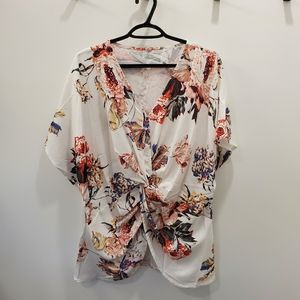 White floral dolman sleeve front knot top